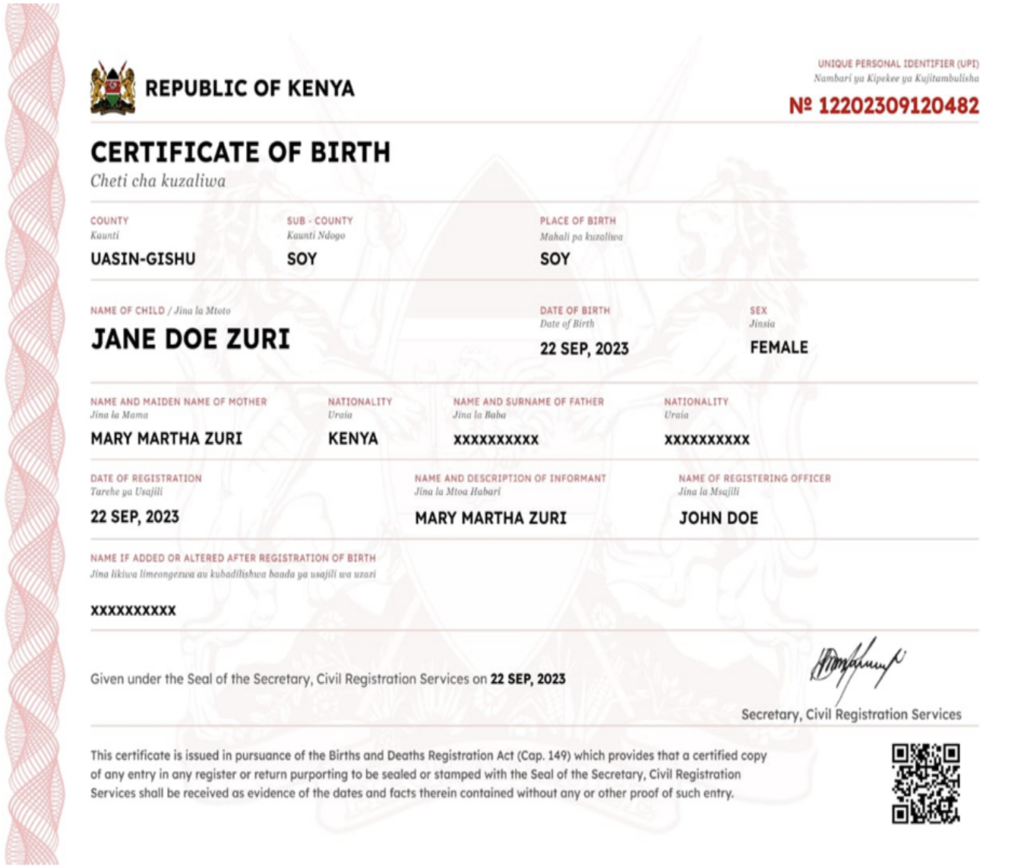 The proposed design of the new Birth Certificate under the Maisha Ecosystem